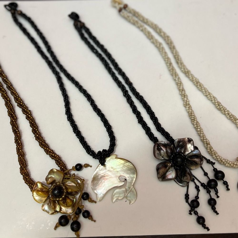 Boho Beaded Necklace Lot w/ Shell & Floral Pendants (4 Pieces)
